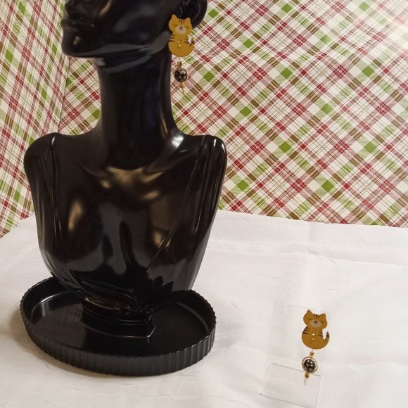 Home Made Handmade Wood & Metal Cat Yellow & Black Button Earrings #49 - Picture 4 of 11